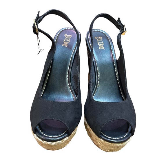 BRASH NWT Black Open-Toe Slingback Wedge Heel Shoes Size 11 - Picture 15 of 15